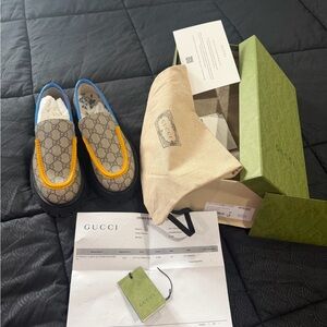 Gucci Beige Monogram Slip-On with Yellow Trim and Black Sole